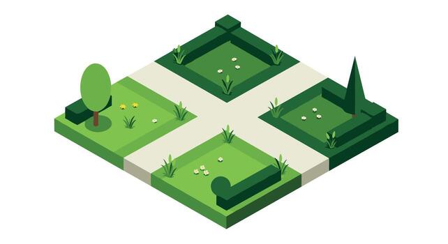 Isometric garden design with pathways and greenery in flat style vector