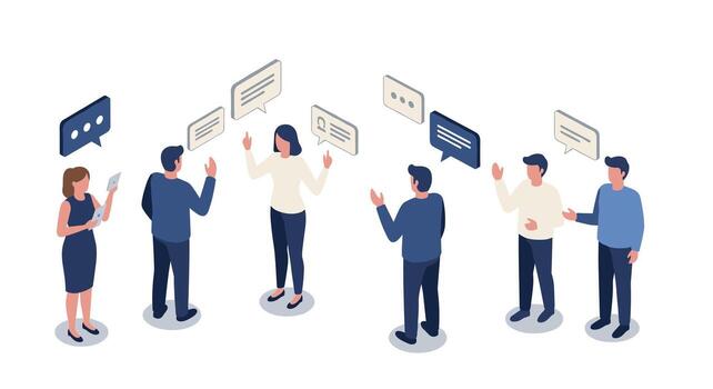 Isometric team communication with chat bubbles in office setting vector