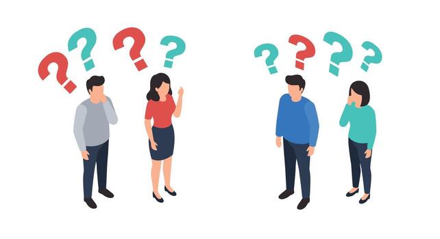 Isometric groups pondering with question marks above vector