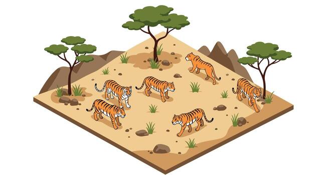 Isometric tiger habitat with savanna setting and multiple tigers walking vector