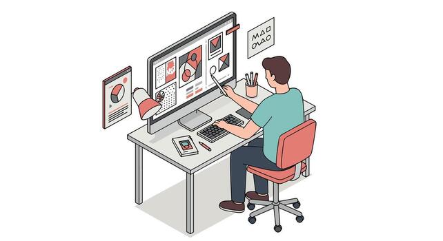 diseñador a trabajo en moderno isométrica oficina ajuste con digital herramientas vector