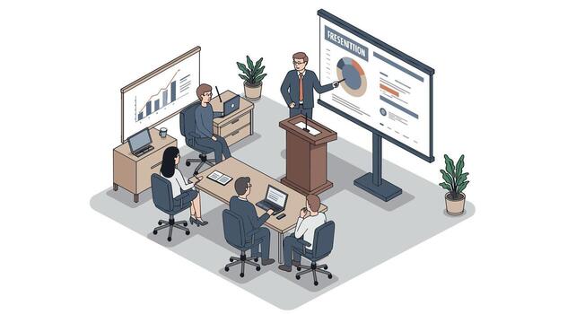 Professional business meeting in modern isometric office setting with presentation vector