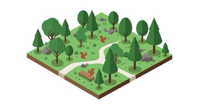 Isometric forest park with squirrels and trees on a sunny day vector