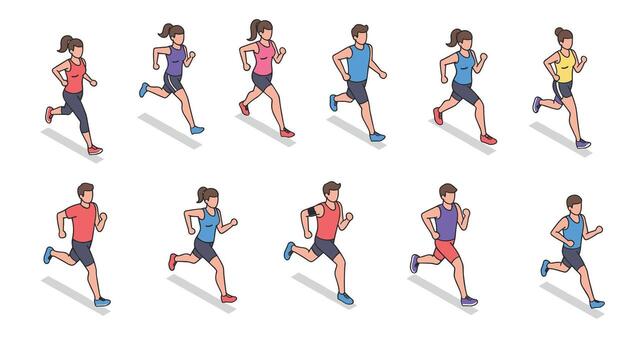Isometric jogging characters in various outfits and poses on white background vector
