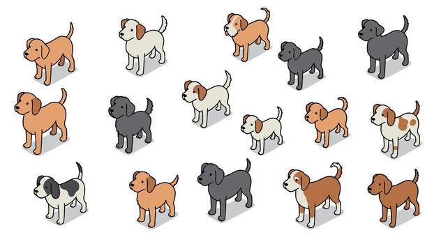 Isometric dogs diverse breeds in various colors and patterns vector