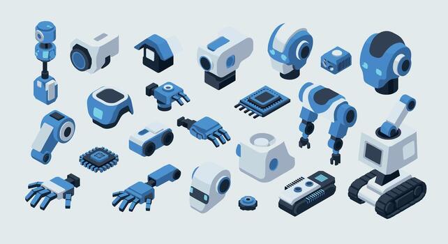 Futuristic robotic components in isometric style for technological innovation vector