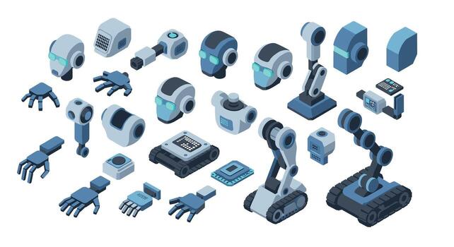Isometric robot components set featuring futuristic technology and mechanical elements vector