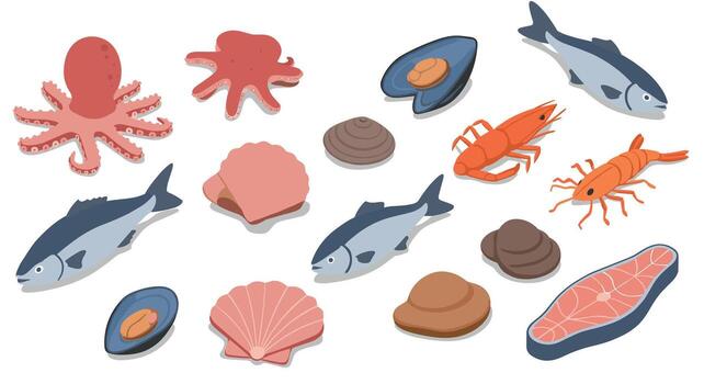 Fresh seafood collection with fish, shellfish, and crustaceans in flat design vector