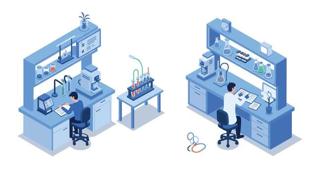 Scientists working in a modern isometric laboratory with advanced equipment and experiments vector