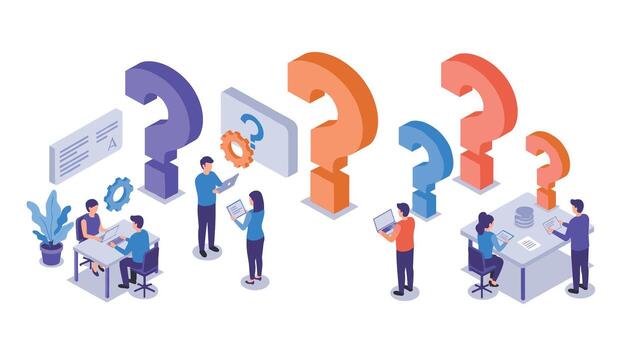 Isometric business team collaboration with question marks and technology gadgets vector