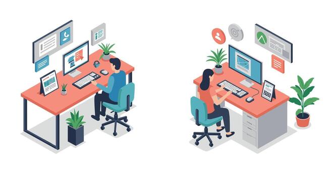 Modern office workspace with people using technology in isometric style vector