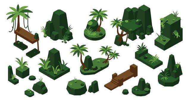 Isometric jungle elements with trees, rocks, and platforms for game design vector