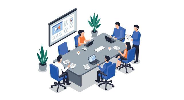 Business meeting with diverse team collaborating in modern office setting vector
