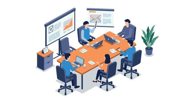 Collaborative office meeting in modern isometric style with laptops and presentations vector