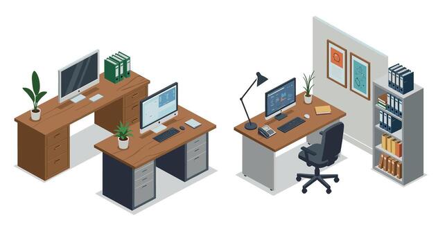 Modern office workspace design with desks and computers in isometric style vector