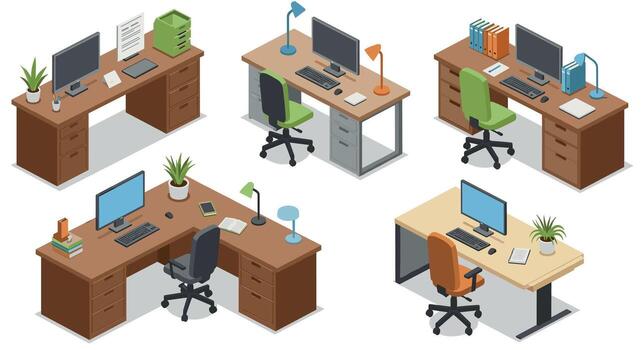 Modern office desk setups with computers and accessories in isometric style vector