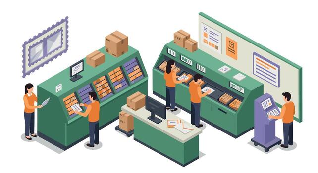 Busy post office scene with workers sorting packages in isometric design vector