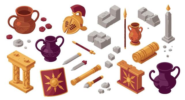 Ancient roman artifacts collection featuring pottery, columns, weapons, and helmets in isometric design vector