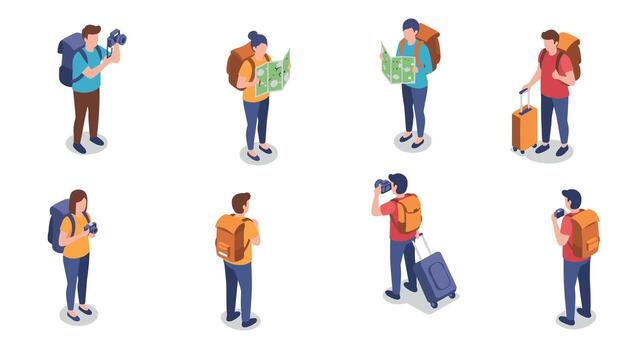 Isometric travel enthusiasts exploring with maps and cameras vector