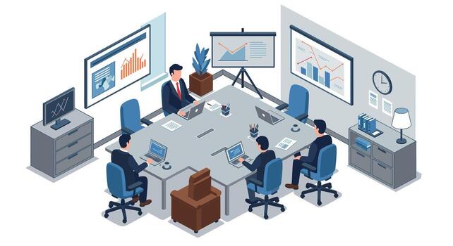 Collaborative office meeting in modern isometric style with data analytics and remote work elements vector
