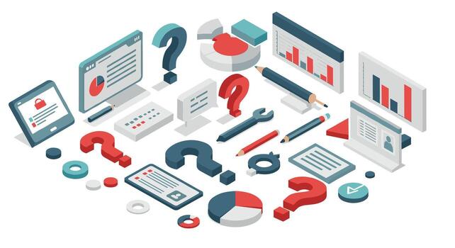 Isometric business analysis tools and symbols with charts and question marks vector