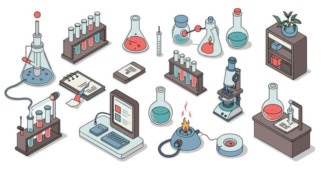 moderno isométrica Ciencias laboratorio equipo con digital integración vector