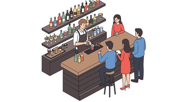 Isometric bar scene with bartender and customers in modern pub setting vector
