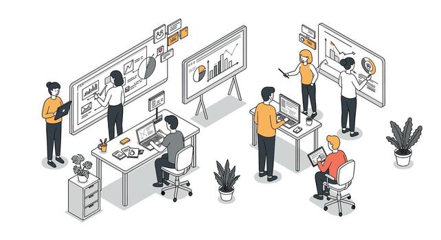 creativo oficina equipo colaborando en moderno espacio de trabajo con digital analítica vector