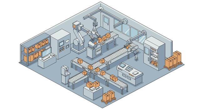 Modern automated factory conveyor belt system with robotic arm in isometric design vector