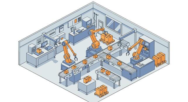 Modern isometric factory with robotic assembly line in blue and orange vector