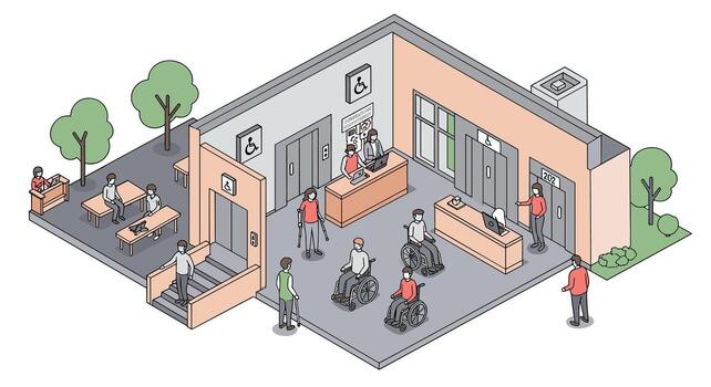 Modern isometric office featuring accessibility ramps and elevators with diverse characters vector