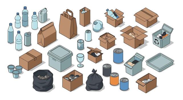 Isometric recycling and waste management icons set with bottles, boxes, and containers vector