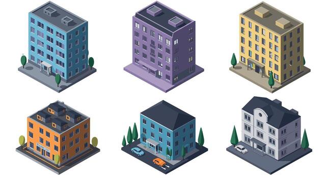 Isometric urban buildings set colorful 3d architecture collection in modern cityscape design vector