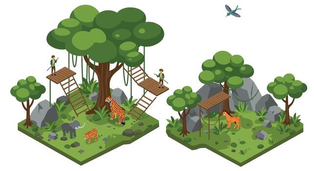Isometric jungle adventure with wildlife and explorers in dense forest vector