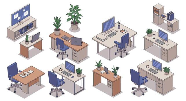 Modern isometric office desk setups with computers and plants vector
