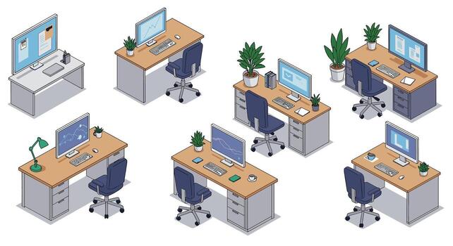 Isometric office desks with computers and plants in modern workspaces vector