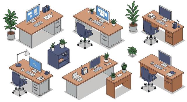 Modern home office desks with computers and plants in isometric design vector