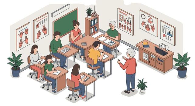 Classroom with sign language instruction in isometric style vector