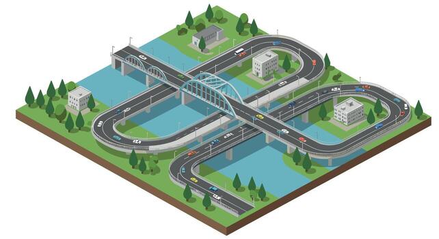 Isometric city highway interchange with bridges and green spaces in urban setting vector