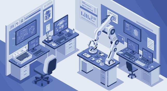 futurista robótica laboratorio con avanzado tecnología en isométrica diseño vector