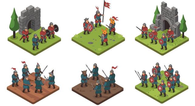 Medieval battle scenes with knights and castles in isometric 3d style vector