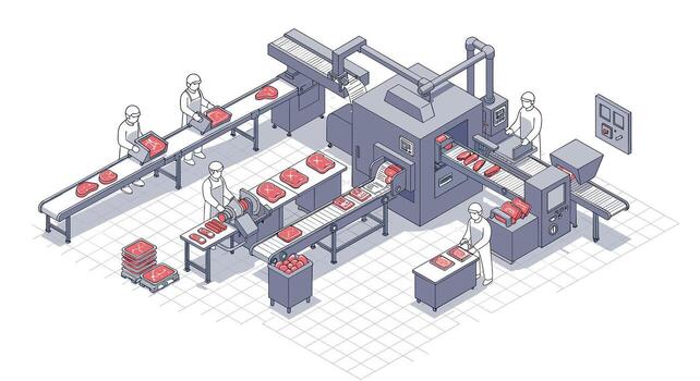 Isometric meat processing factory with workers and conveyor belts in action vector