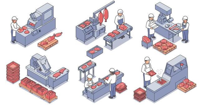 Isometric meat processing facility with workers operating equipment for packaging and distribution vector