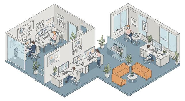 Modern office workspace in isometric perspective with busy professionals and tech gadgets vector