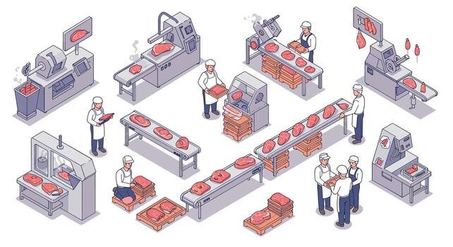 Isometric meat processing plant with workers and machinery in factory setting vector