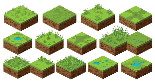 isométrica césped y suelo losas conjunto para juego diseño y paisaje creación vector