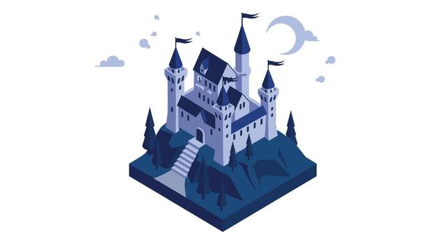 Medieval isometric castle with moonlit sky and flags on turrets vector