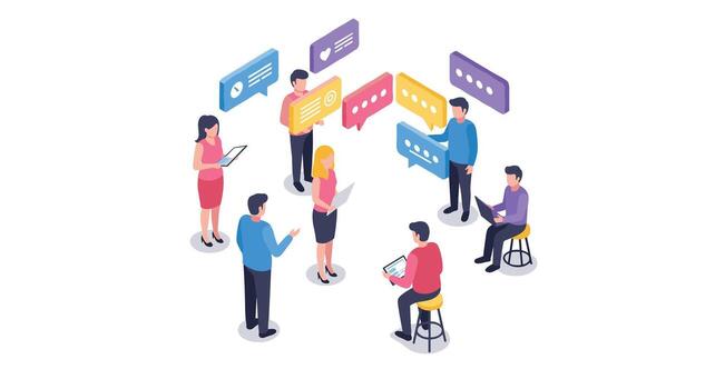 colaborativo trabajo en equipo discusión con digital dispositivos y social Interacción vector