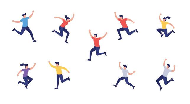 Diverse group of joyful people running in dynamic flat design vector