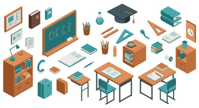 Educational tools and classroom objects in isometric design for learning environments vector